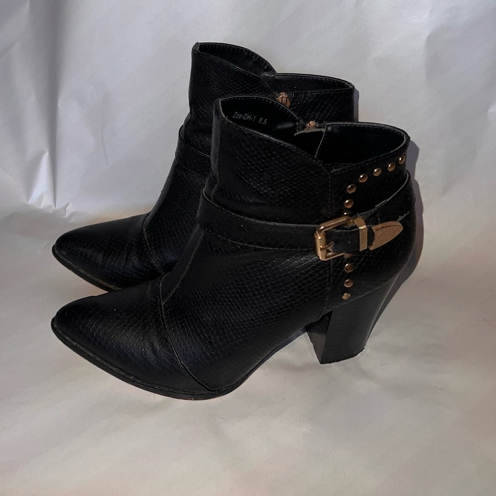 Cape Robbin Black Snake Block Heel Booties with Gold Buckle and Studs
